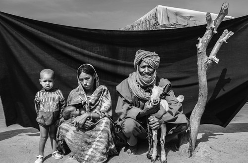 Malian refugee Aboubacar Ag Ahmadou, 45, right, with his family near their shelter in Goudebou refugee camp, Burkina Faso. Aboubacar fled Mali with his wife and two children on a donkey cart, taking with them a single goat. He says that apart from the clothes he was wearing and a little money, the goat was the one thing he could not leave behind. He said it reminded him of all the things he had worked hard to acquire back home. “The goat brings me hope, joy and a sense that things can change for the better” he said. Aboubacar also says owning a goat shows others that he was a man of some means back in Mali.